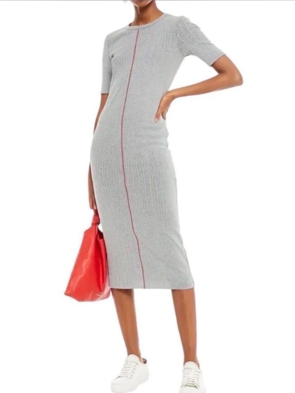 rag & bone Harper Rib Midi Dress in Gray & Red Size Small
